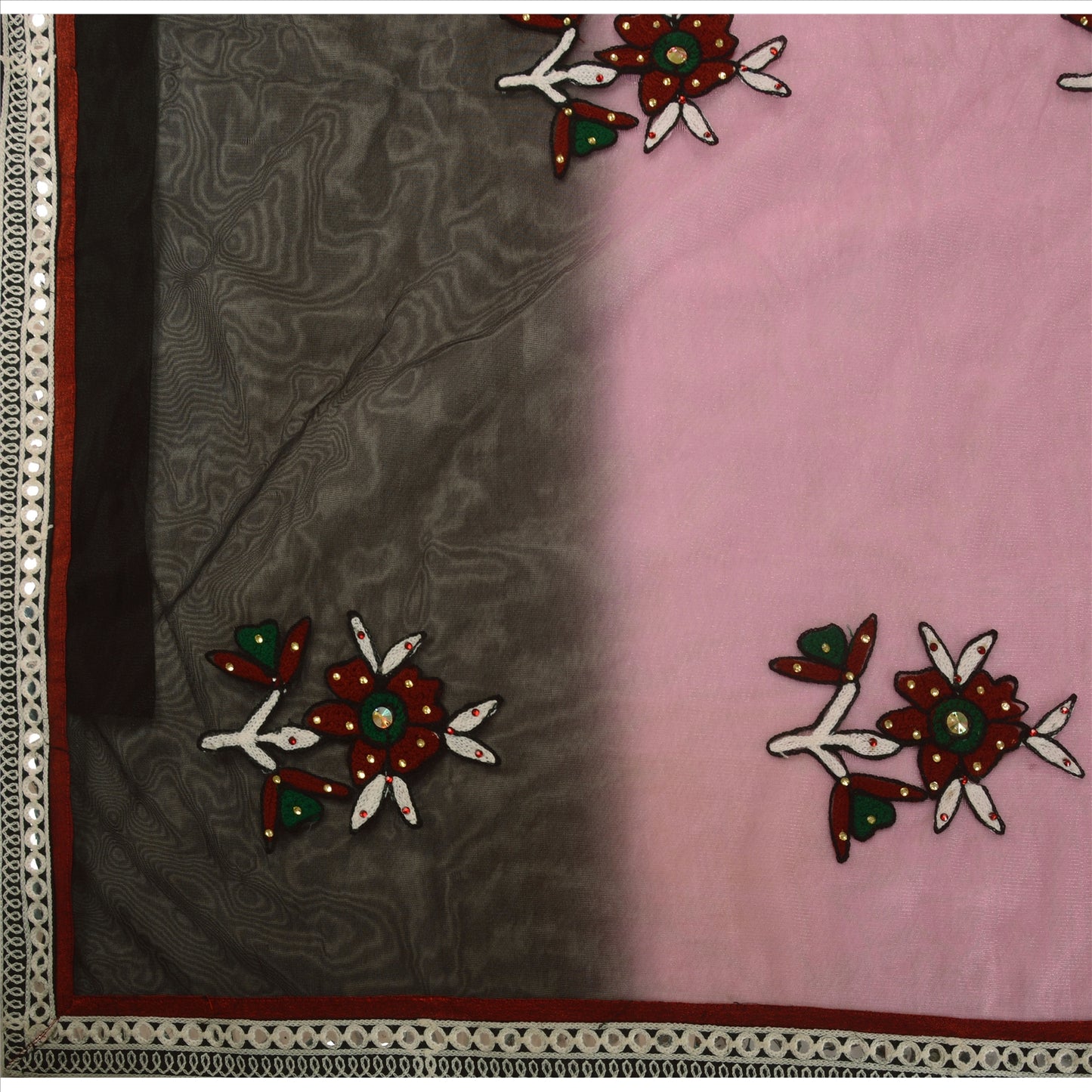 Sanskriti Vintage Indian Saree Net Mesh Hand Beaded Pink Sustainable Fabric Rhinestone Sari