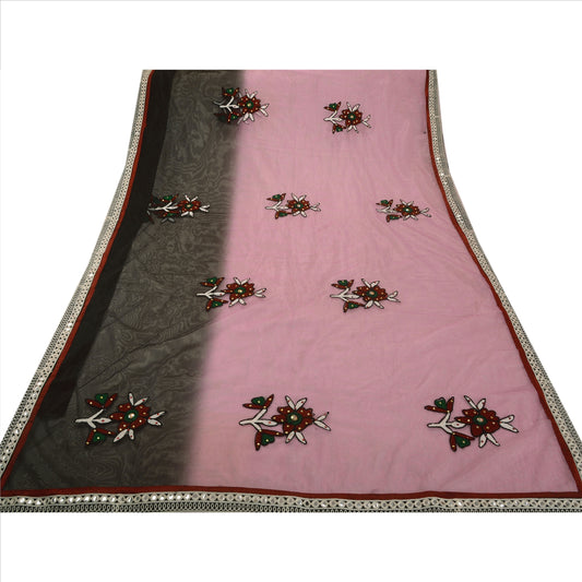 Sanskriti Vintage Indian Saree Net Mesh Hand Beaded Pink Sustainable Fabric Rhinestone Sari