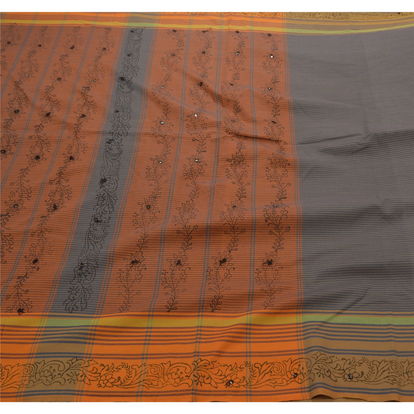 Sanskriti Vintage Indian Saree Cotton Hand Embroidered Woven Grey Sustainable Fabric Sari