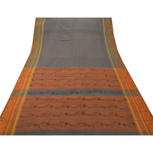Sanskriti Vintage Indian Saree Cotton Hand Embroidered Woven Grey Sustainable Fabric Sari