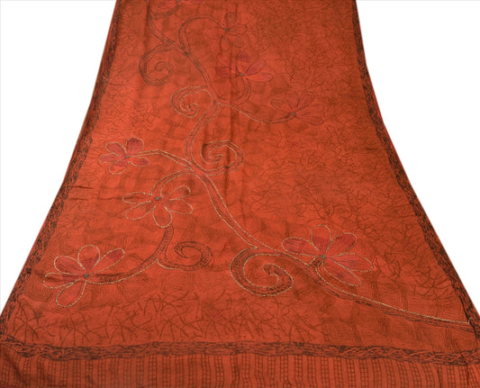 SANSKRITI VINTAGE INDIAN SAREE PURE COTTON RED SARI Sustainable Fabric HAND BEADED FLORAL