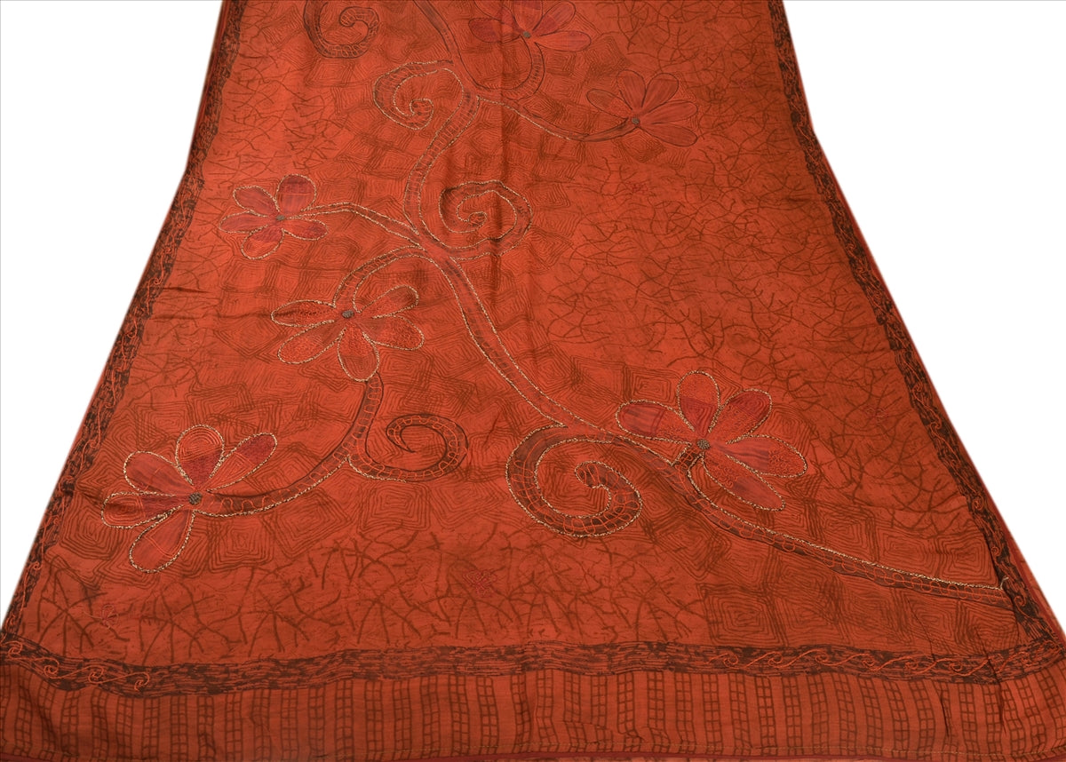 SANSKRITI VINTAGE INDISK SAREE I REN BOMULD, RØD SARI MED BÆREDYGTIG PERLEPRODUKTION MED BÆREDYGTIG BLOMSTERMØNSTER