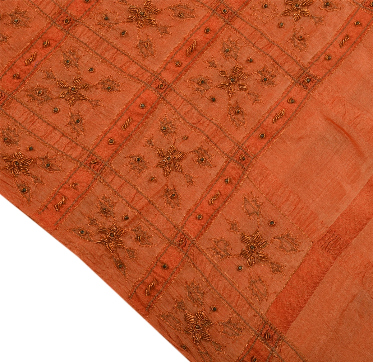 SANSKRITI VINTAGE INDIAN SAREE PURE SILK ORANGE SARI Sustainable Fabric HAND BEADED ZARI