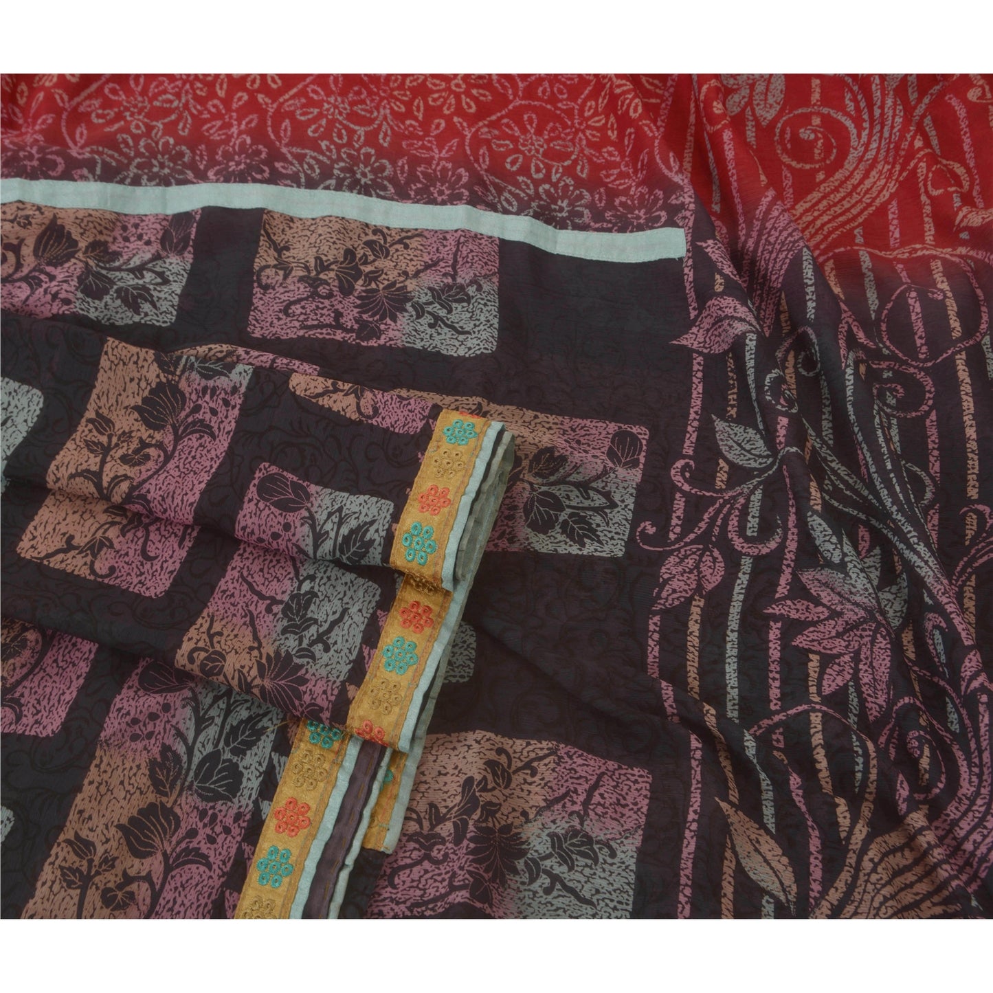 Sanskriti Vintage Dark Red Saree Chiffon Hand Beaded Woven Craft Sustainable Fabric Sari