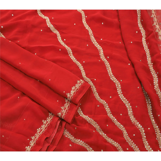Sanskriti Vintage Red Indian Saree Georgette Hand Beaded Craft Sustainable Fabric Premium Sari