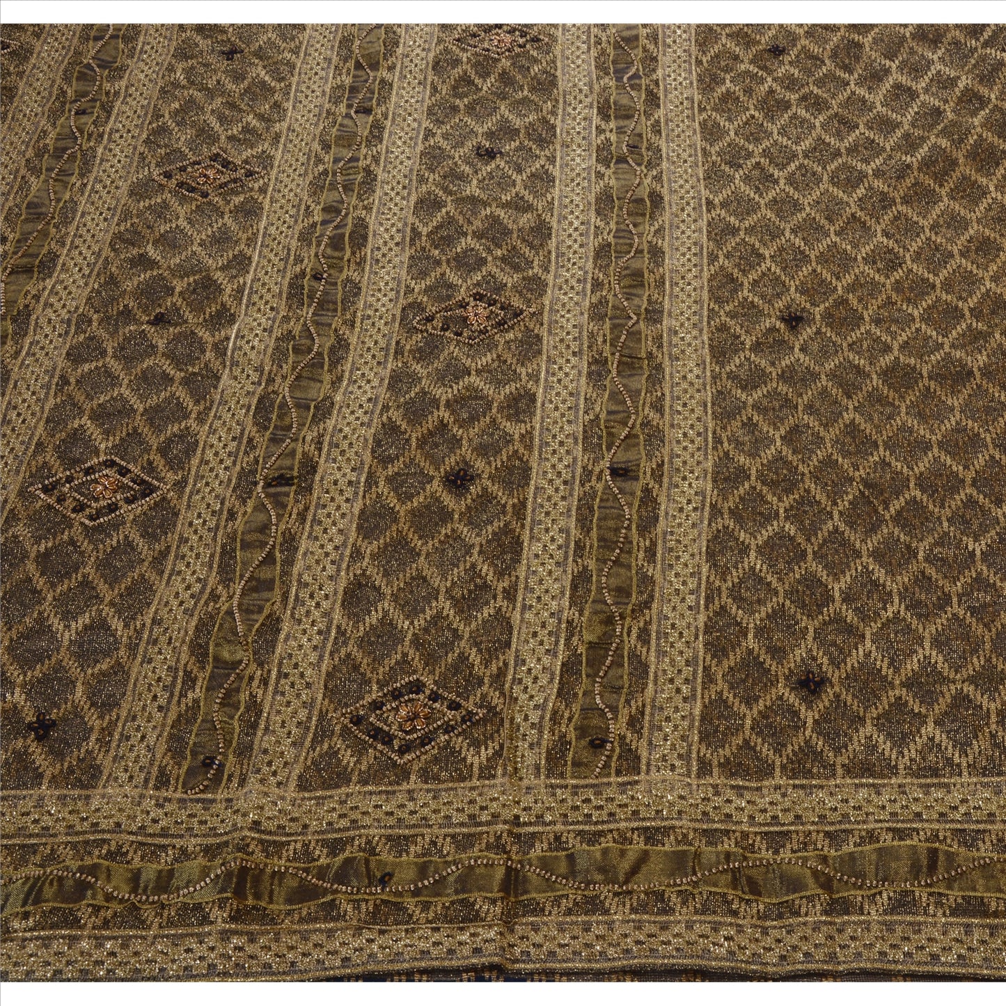 Sanskriti Vintage Indian Saree Net Mesh Hand Beaded Woven Black Sustainable Fabric Sari