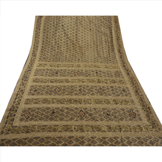 Sanskriti Vintage Indian Saree Net Mesh Hand Beaded Woven Black Sustainable Fabric Sari