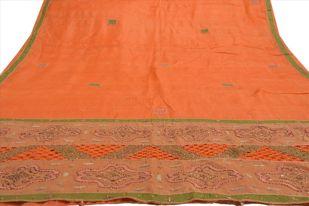 Sanskriti Vintage Indian Saree 100% Pure Silk Hand Beaded Orange Craft Sustainable Fabric Sari