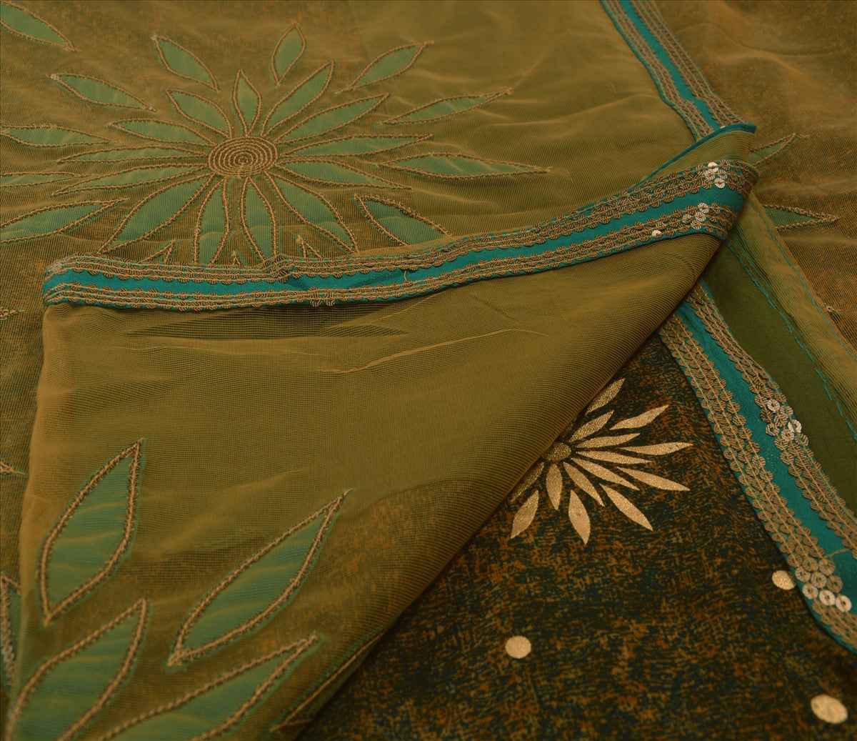 Sanskriti Vintage Indian Saree Embroidered Green Ethnic Craft Sustainable Fabric Patch Sari
