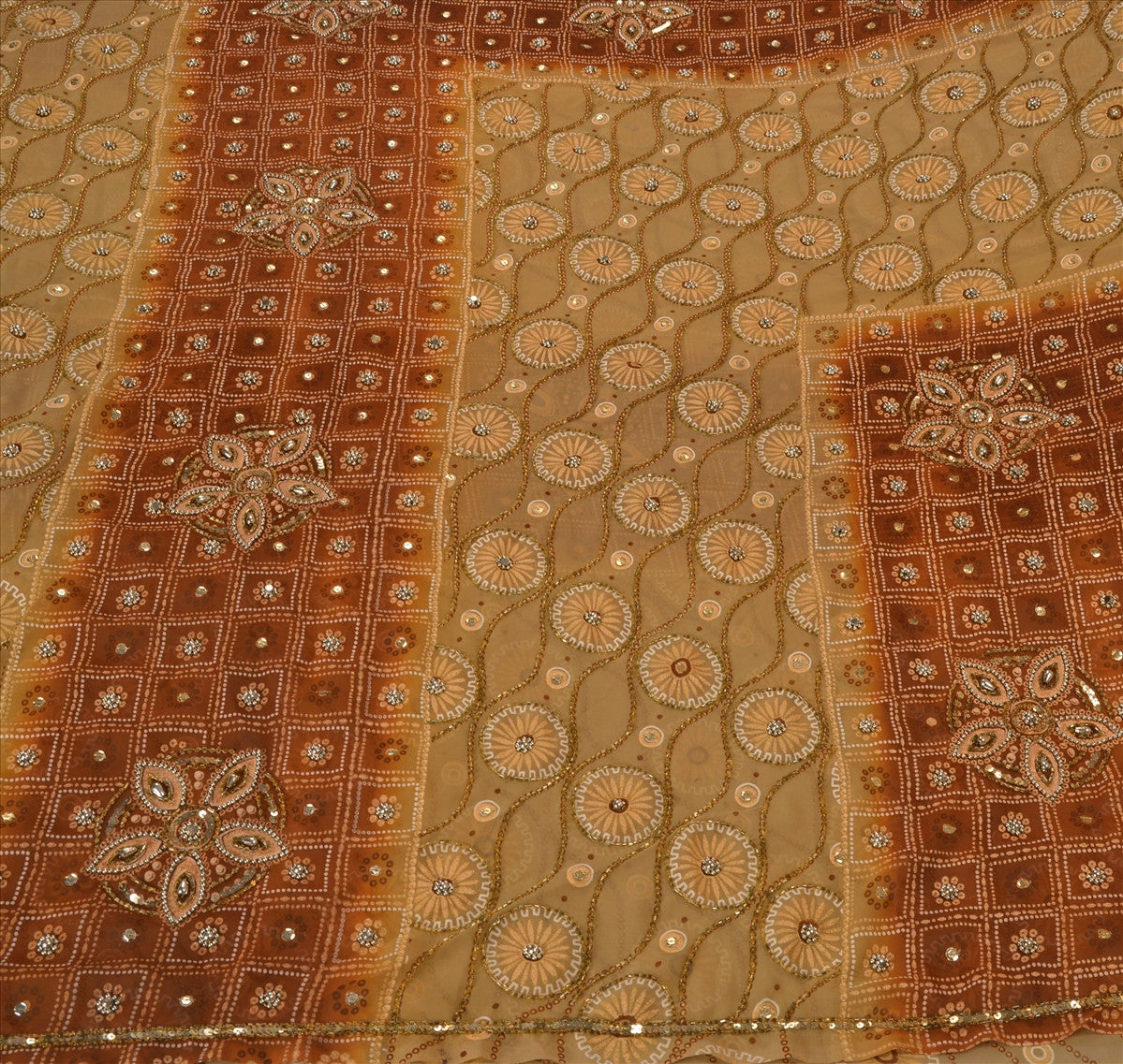 Sanskriti Vintage Indian Saree Art Silk Brown Hand Embroidery Craft Sustainable Fabric Sari