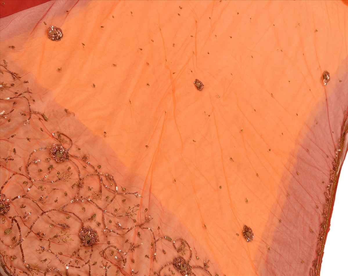 Sanskriti Vintage Antique Indian Saree Net Mesh Hand Embroidery Orange Craft Sustainable Fabric Sari