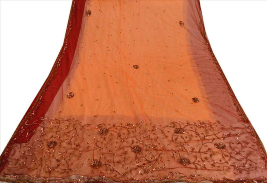 Sanskriti Vintage Antique Indian Saree Net Mesh Hand Embroidery Orange Craft Sustainable Fabric Sari