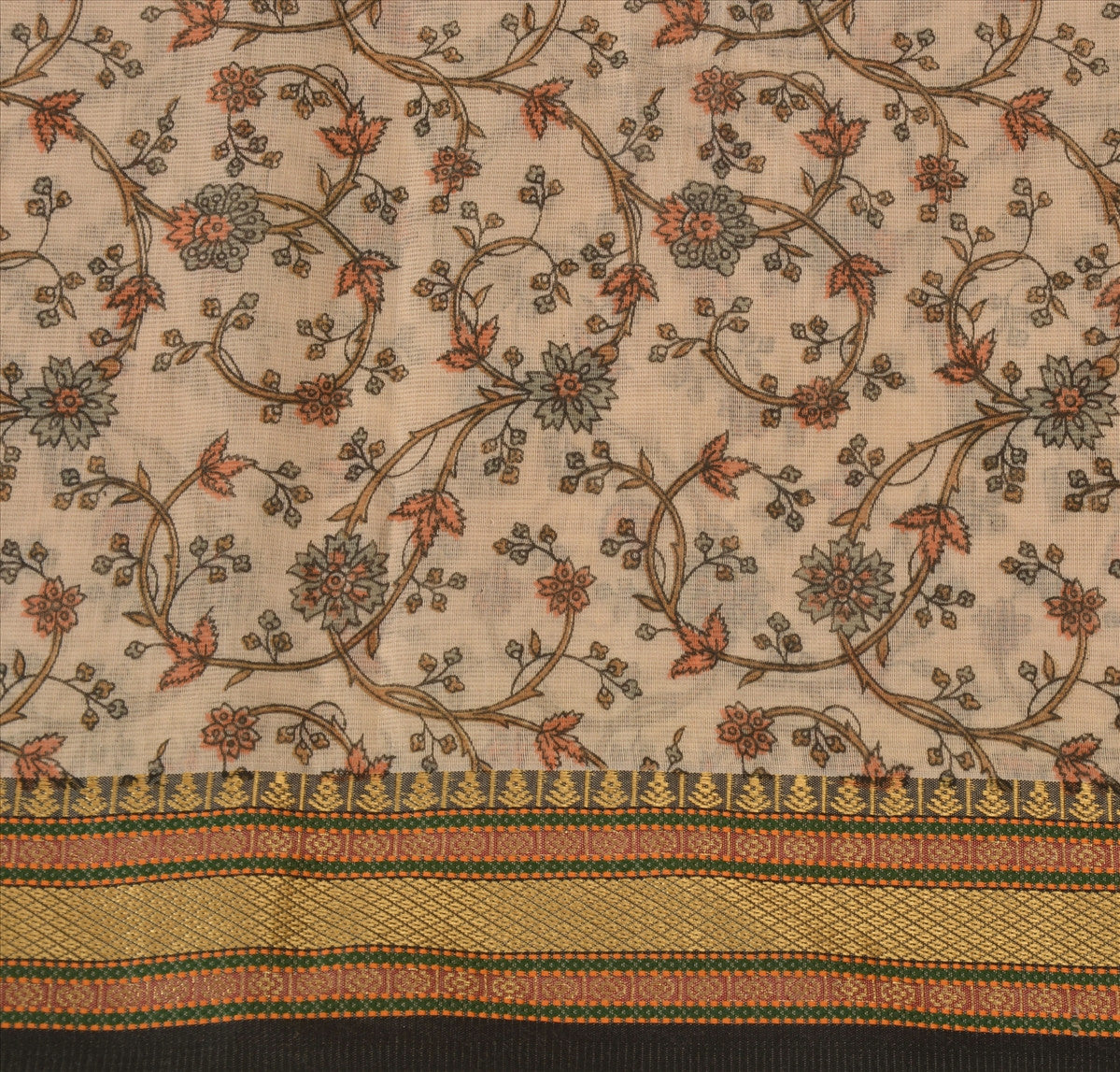 Sanskriti Vintage Indian Saree Art Silk Printed Cream Craft Sustainable Fabric Sari