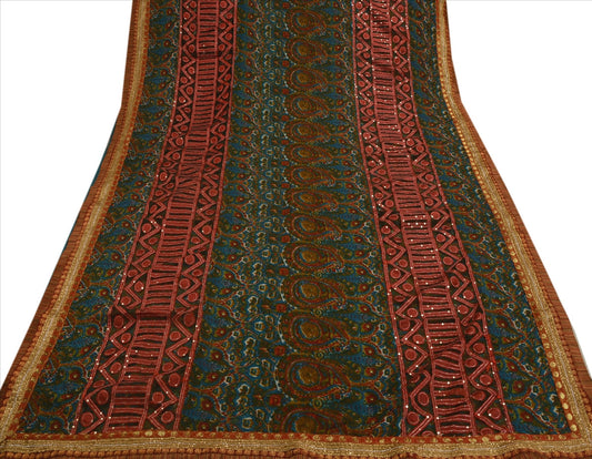 Sanskriti Vintage Indian Saree Georgette Hand Embroidery Craft Sustainable Fabric Sari