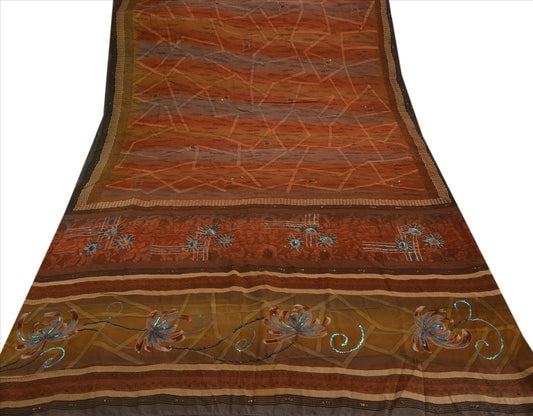 Sanskriti Vintage Indian Saree 100% Pure Crepe Silk Hand Beaded Craft Sustainable Fabric Cultural Sari