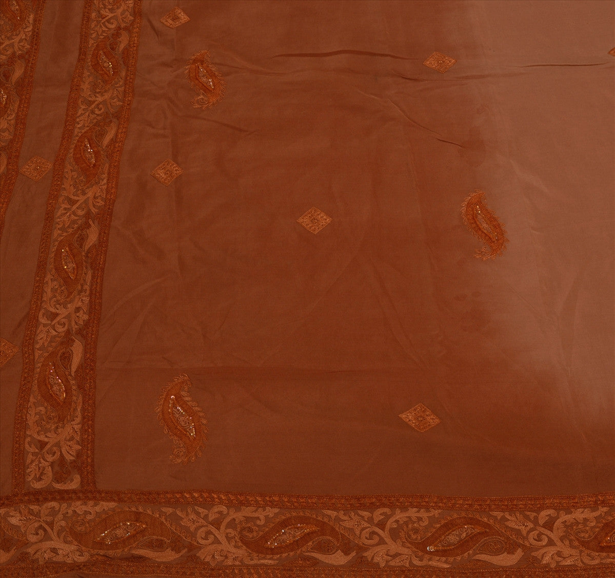 Sanskriti Vintage Indian Saree 100% Pure Crepe Silk Hand Beaded Brown Craft Sustainable Fabric Sari