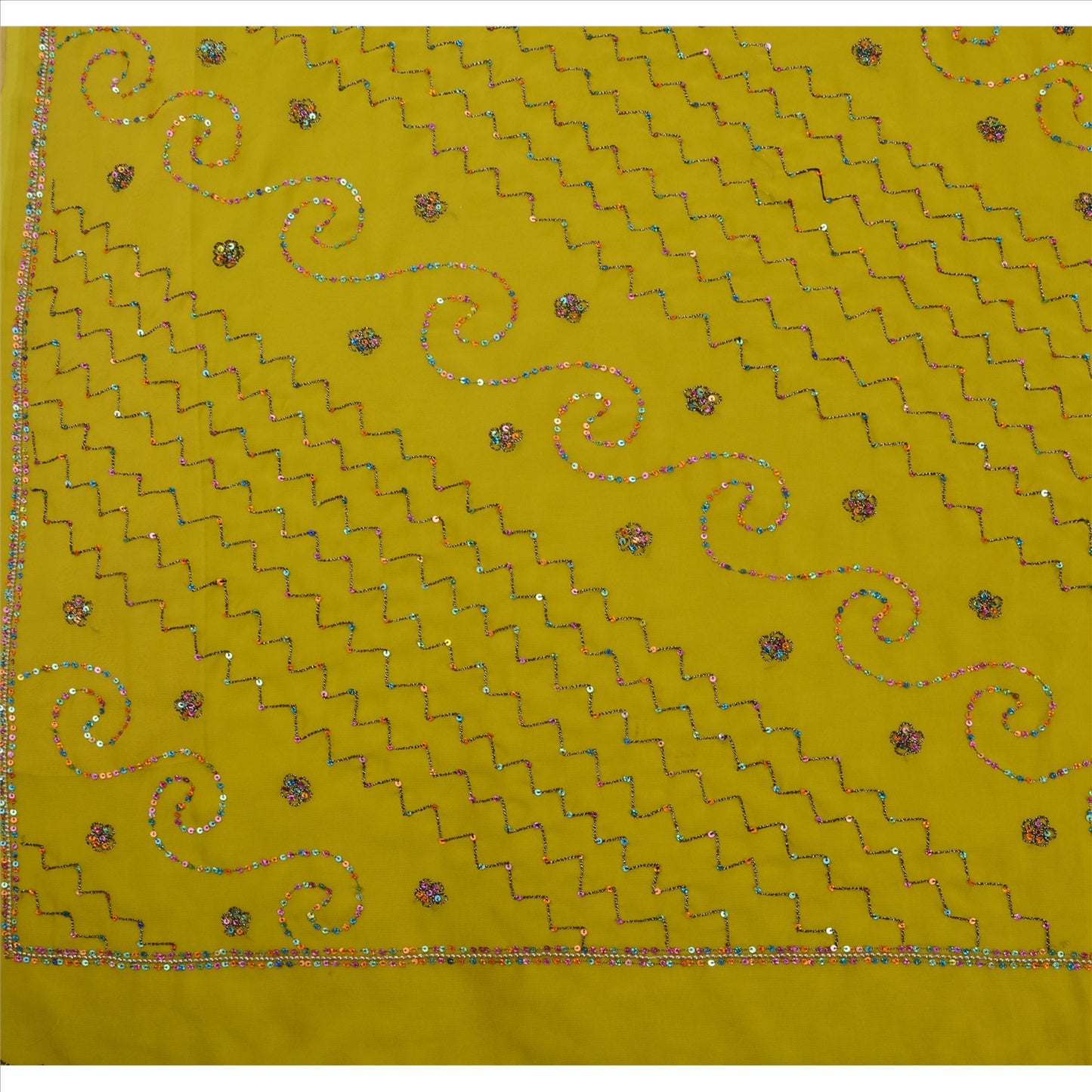 Sanskriti Vintage Antique Indian Saree Georgette Hand Embroidery Green Sustainable Fabric Sari Sequins