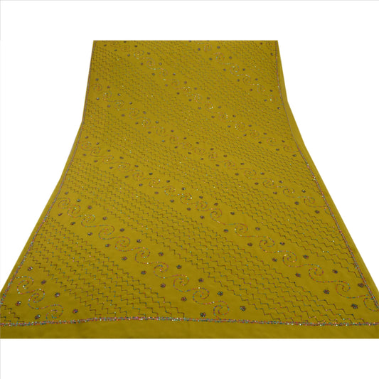 Sanskriti Vintage Antique Indian Saree Georgette Hand Embroidery Green Sustainable Fabric Sari Sequins