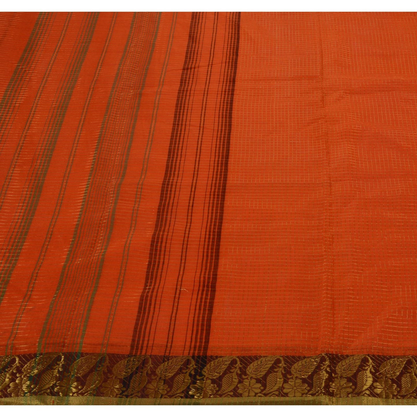 Sanskriti Vintage Indian Saree 100% Pure Cotton Woven Orange Craft Sustainable Fabric Sari