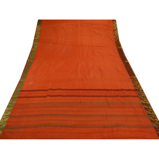 Sanskriti Vintage Indian Saree 100% Pure Cotton Woven Orange Craft Sustainable Fabric Sari