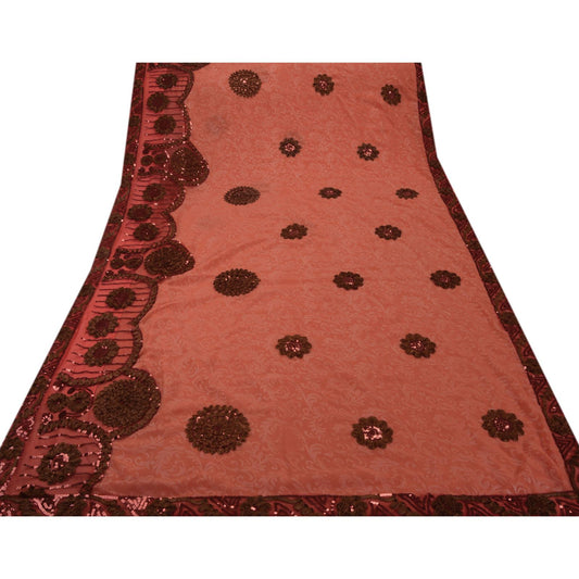 Sanskriti Vintage Indian Saree Georgette Embroidery Craft Sustainable Fabric Sari Ribbon Peach