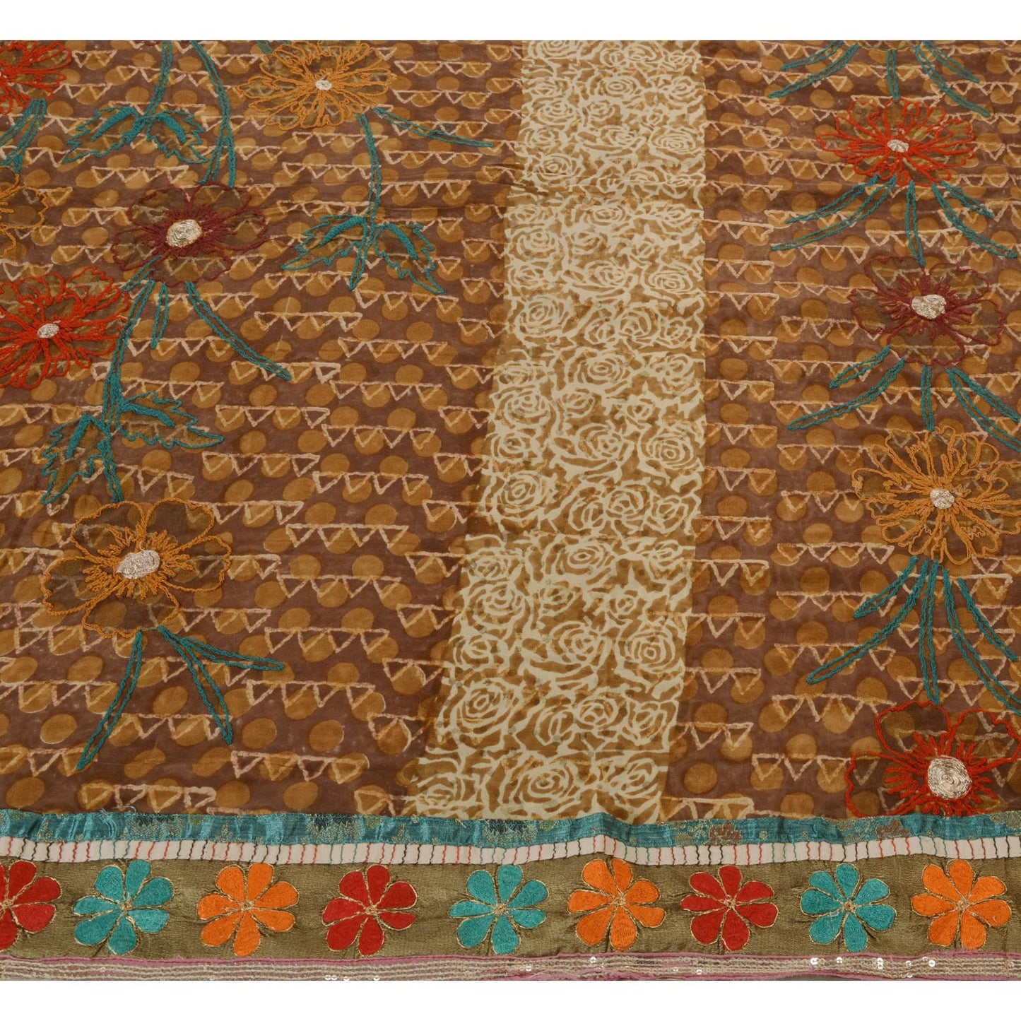 Sanskriti Vintage Indian Saree 100% Pure Georgette Silk Hand Embroidered Craft Sustainable Fabric Sari