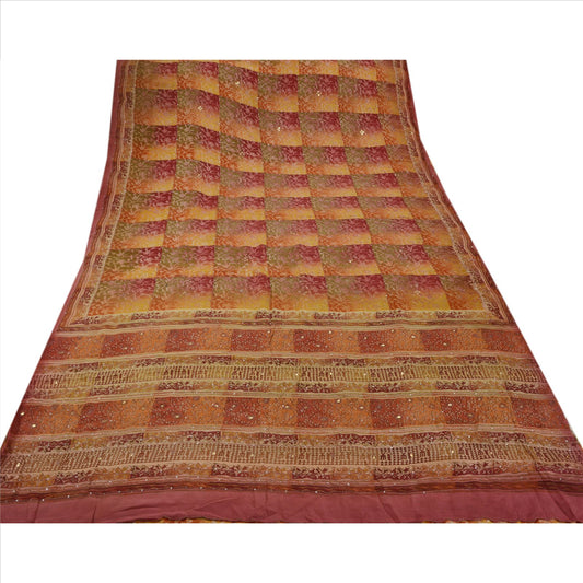 Sanskriti Vintage Saree 100% Pure Crepe Silk Hand Beaded Craft Sustainable Fabric Sari Sequins Gota