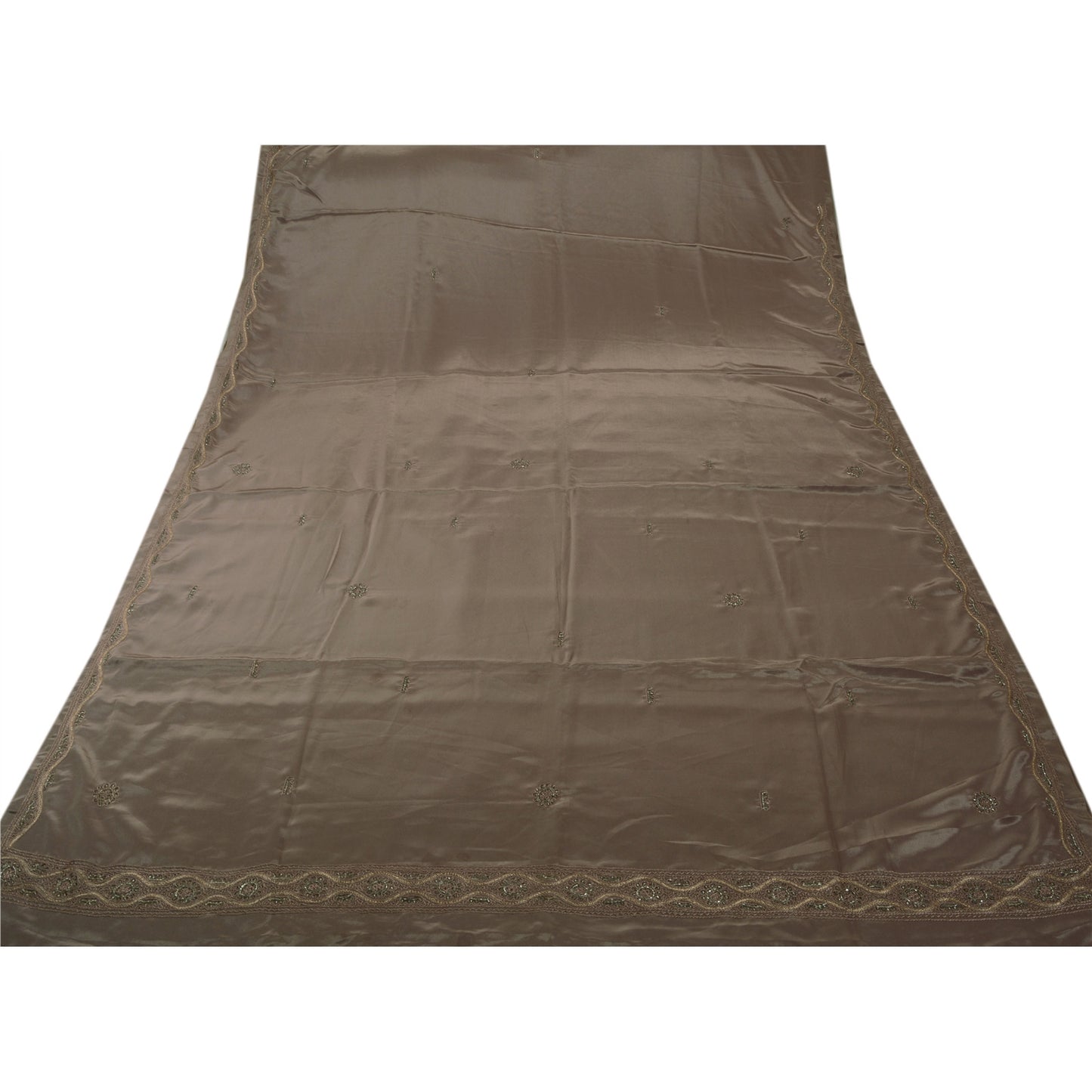 Sanskriti Vintage Indian Saree Art Silk Hand Beaded Craft Grey Sustainable Fabric Zari Sari