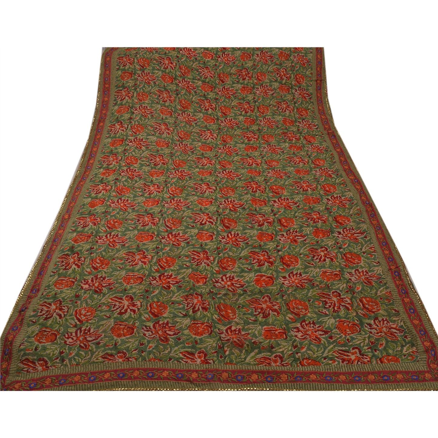 Sanskriti Vintage Indian Saree Blend Georgette Embroidered Green Sustainable Fabric Sari