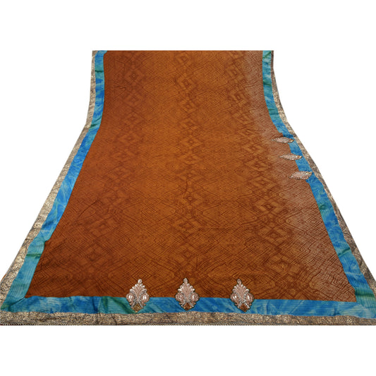 Sanskriti Vintage Brown Saree Blend Georgette Hand Beaded Sustainable Fabric Ethnic Premium Sari