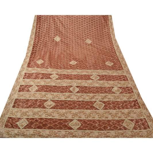 Sanskriti Vintage Indian Saree Net Mesh Embroidered Craft Sustainable Fabric Premium Sari