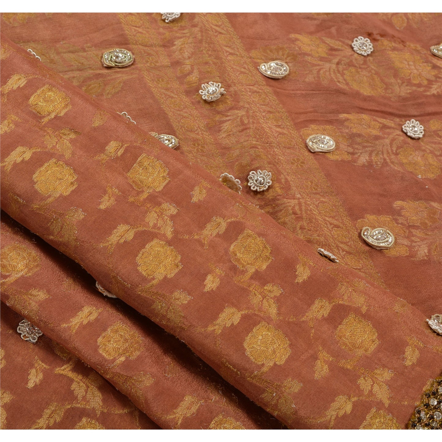 Sanskriti Vintage Indian Brown Saree 100% Pure Silk Hand Embroidery Woven Sustainable Fabric Sari