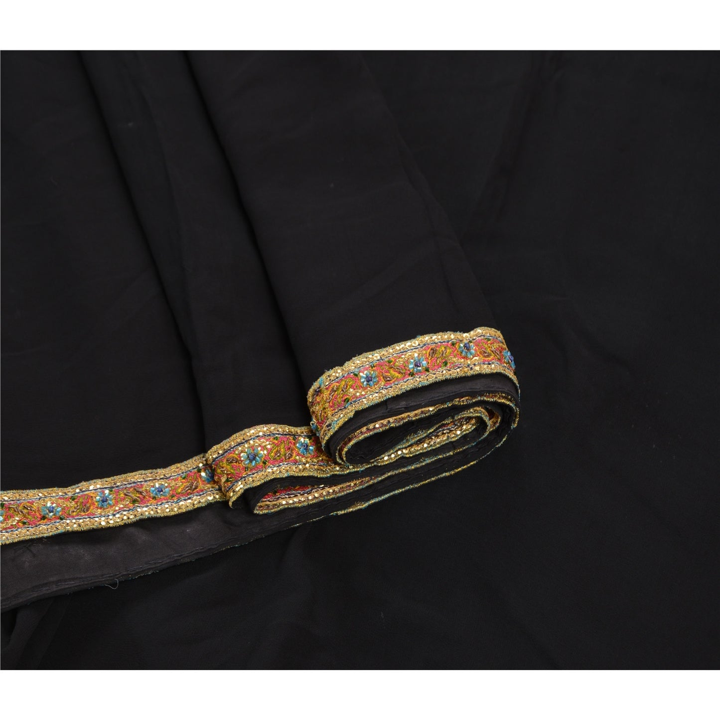 Sanskriti Vintage Saree Blend Georgette Hand Embroidery Black Sustainable Fabric Premium Sari