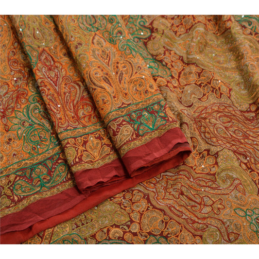 Sanskriti Vintage Indian Saree Pure Crepe Silk Hand Beaded Sustainable Fabric Premium Sari