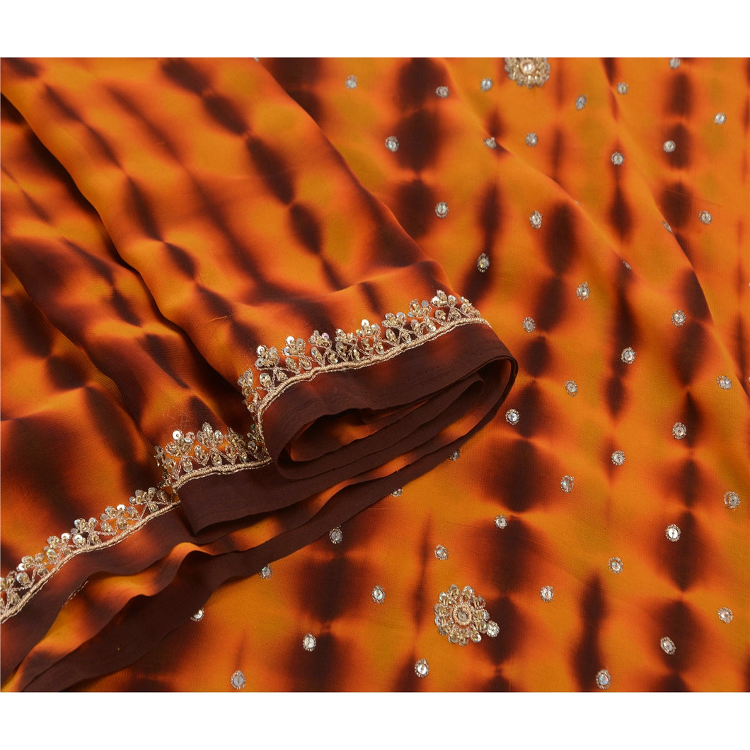 Sanskriti Vintage Indian Saree Georgette Hand Beaded Orange Fabric Leheria Cultural Premium Sari