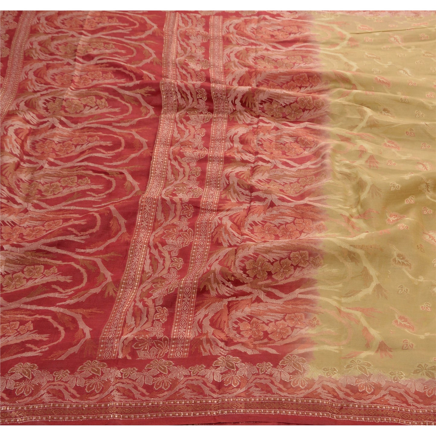 Sanskriti Vintage Indian Saree Blend Silk Cream Woven Craft Sustainable Fabric Premium Sari