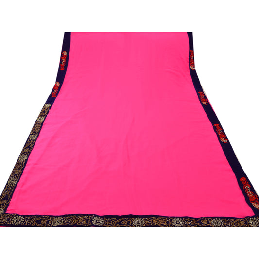Sanskriti Vintage Saree Georgette Pink Hand Embroidery Craft Sustainable Fabric Premium Sari