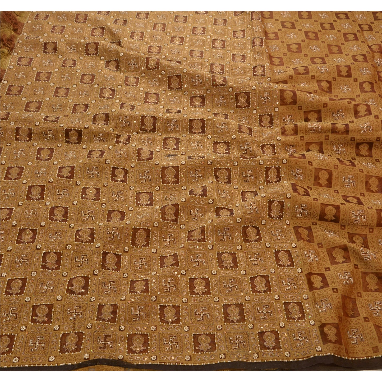 Sanskriti Vintage Antique Vintage Saree Pure Organza Silk Hand Embroidery Sustainable Fabric Premium Sari