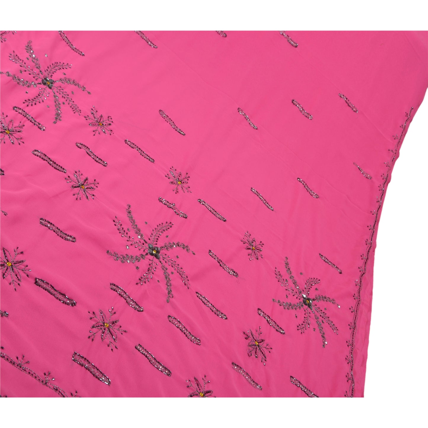 Sanskriti Vintage Indian Pink Saree Georgette Hand Beaded Craft Sustainable Fabric Premium Sari