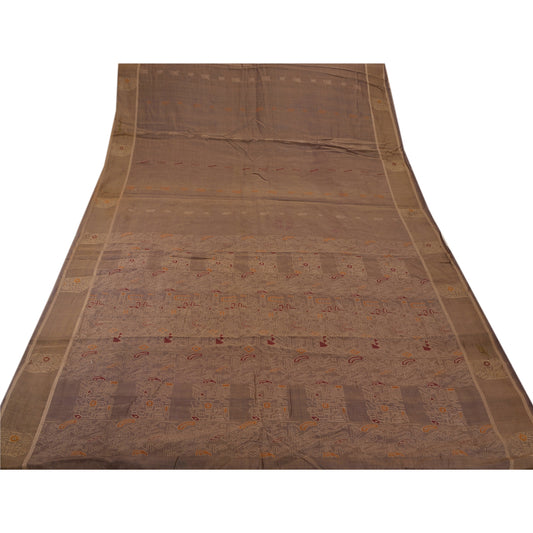 Sanskriti Vintage Indian Saree Silk Blend Woven Brown Craft Sustainable Fabric Premium Sari