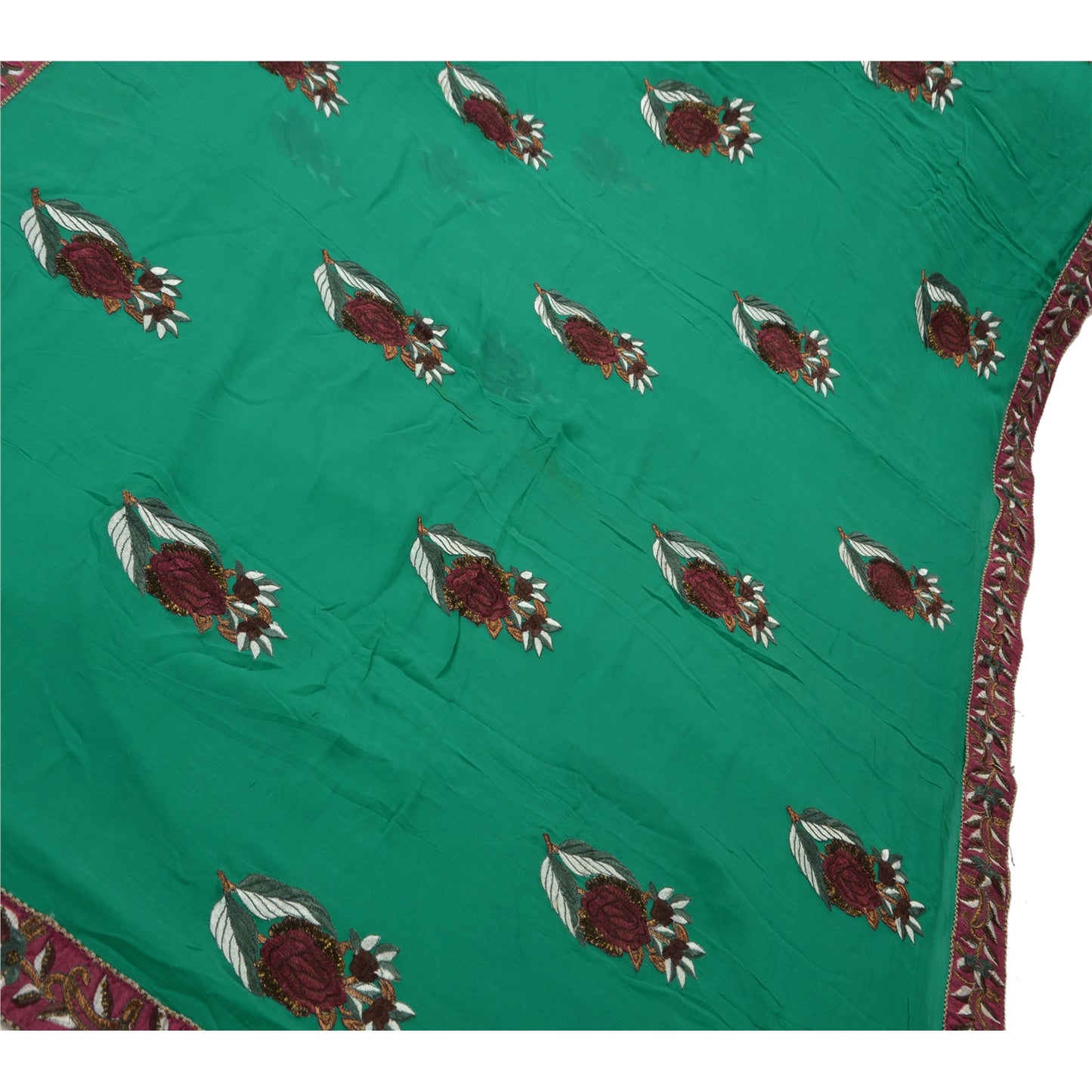 Sanskriti Vintage Saree Blend Georgette Hand Beaded Sustainable Fabric Ethnic Green Premium Sari