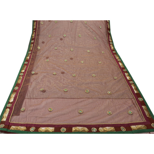 Sanskriti Vintage Antique Saree Net Mesh Hand Embroidery Sustainable Fabric Premium Sari