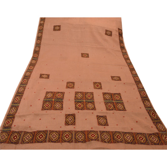 Санскритское винтажное персиковое сари из чистого хлопка с ручной вышивкой, тканое экологически чистое сари премиум-класса