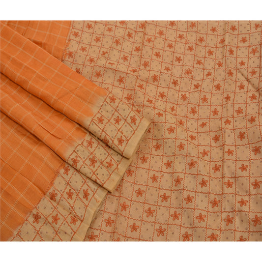 Sanskriti Vintage Indian Saree 100% Pure Silk Hand Embroidered Peach Sustainable Fabric Sari