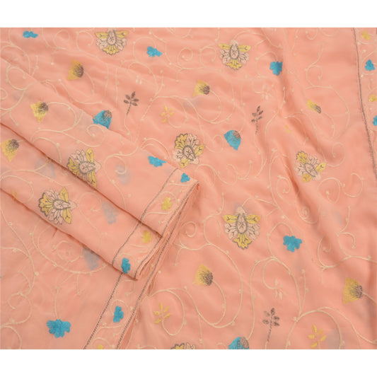 Sanskriti Vintage Indian Saree Georgette Embroidered Peach Sustainable Fabric Premium Sari