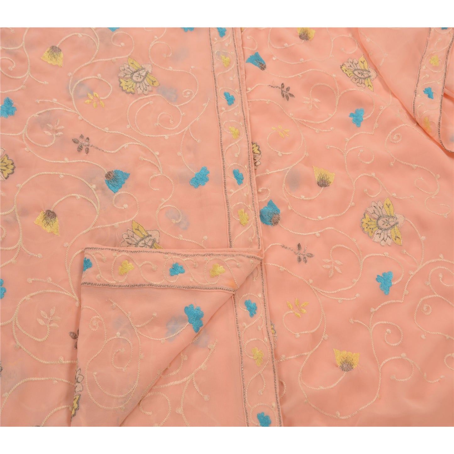 Sanskriti Vintage Indian Saree Georgette Embroidered Peach Sustainable Fabric Premium Sari