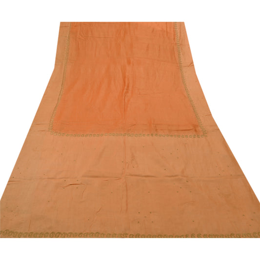 Sanskriti Vintage Indian Saree 100% Pure Silk Hand Embroidered Peach Sustainable Fabric Sari