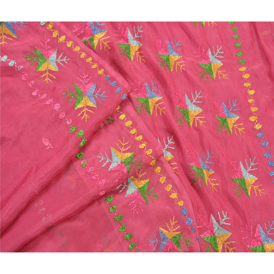 Sanskriti Vintage Saree Art Silk Hand Embroidered Sustainable Fabric Bagh Phulkari Sari Pink