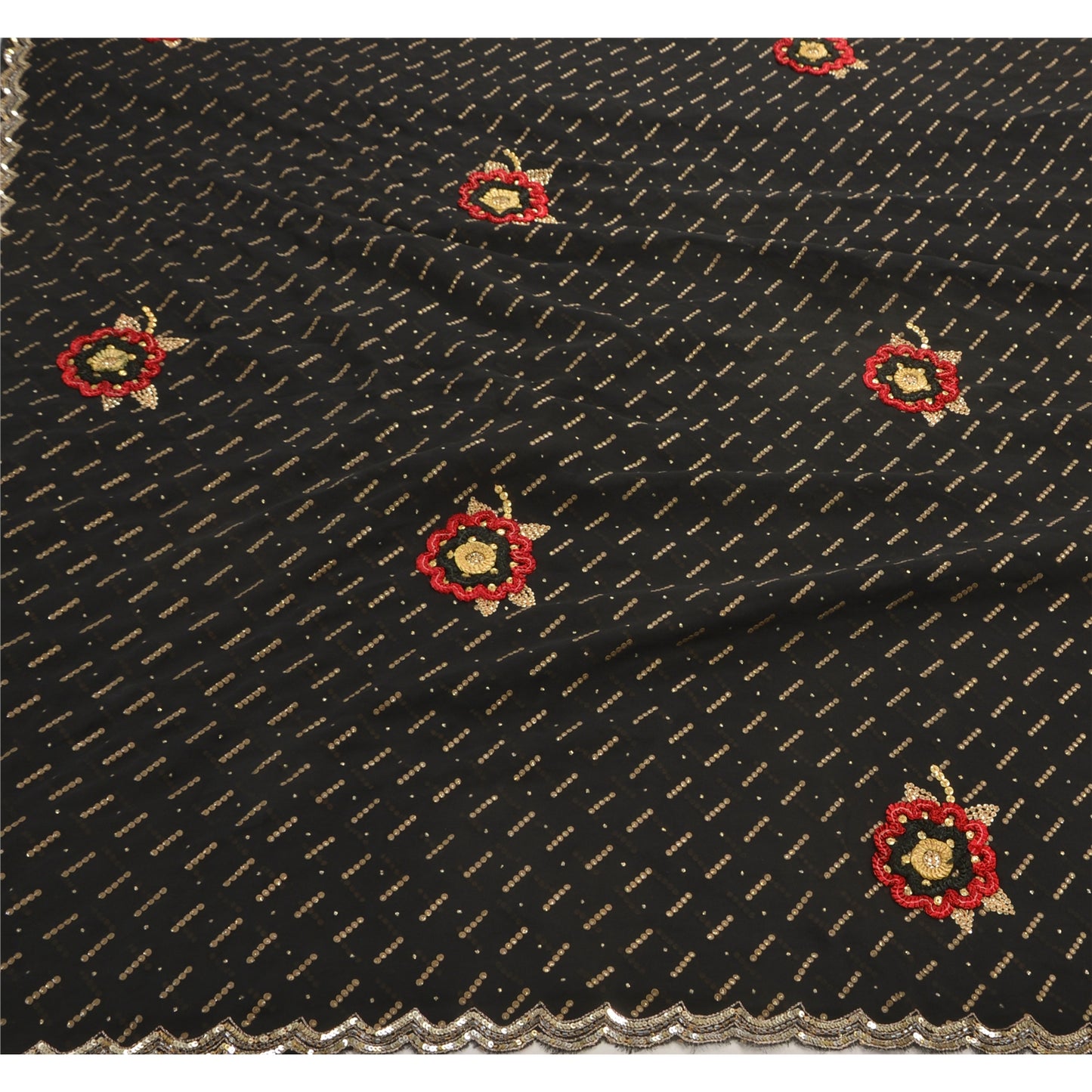 Sanskriti Vintage Indian Saree Georgette Embroidery Black Sustainable Fabric Premium Sari