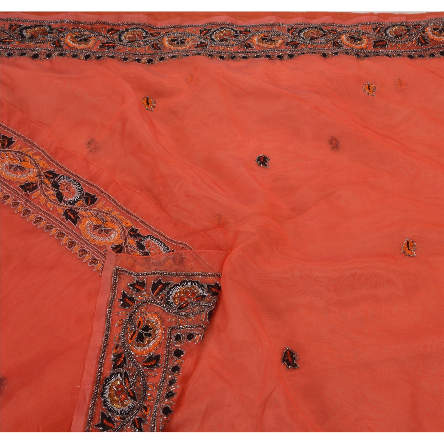 Sanskriti Vintage Antique Orange Saree Art Silk Hand Embroidery Sustainable Fabric Sari